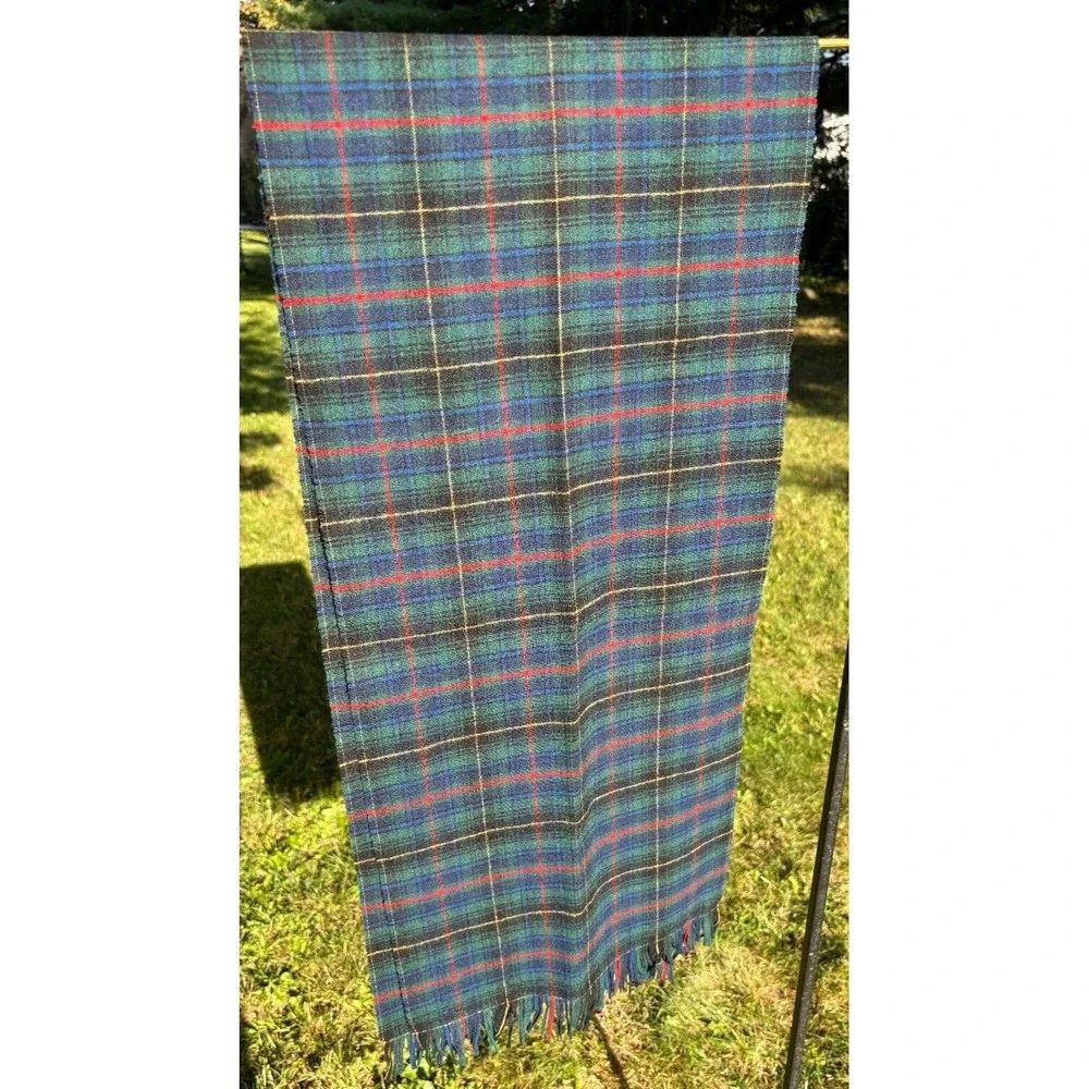 Pendleton Tartan Wool Knit‎ Scarf green red blue black yellow Plaid Fringe 60x13